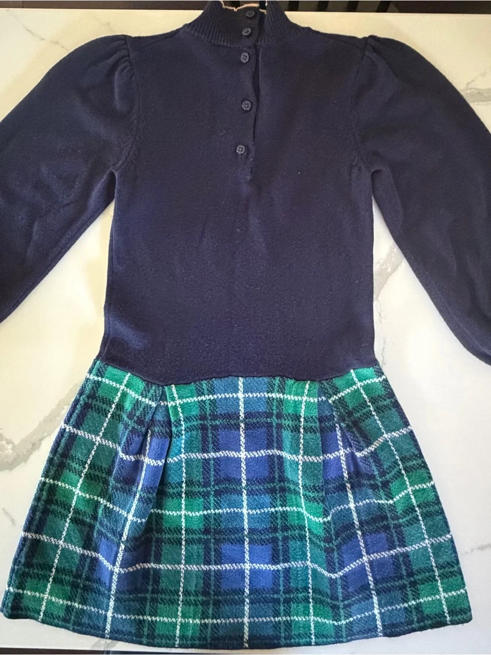 Janie and Jack Navy Mock-Neck Puff Sleeve Sweater with Green & Blue Plaid Skirt